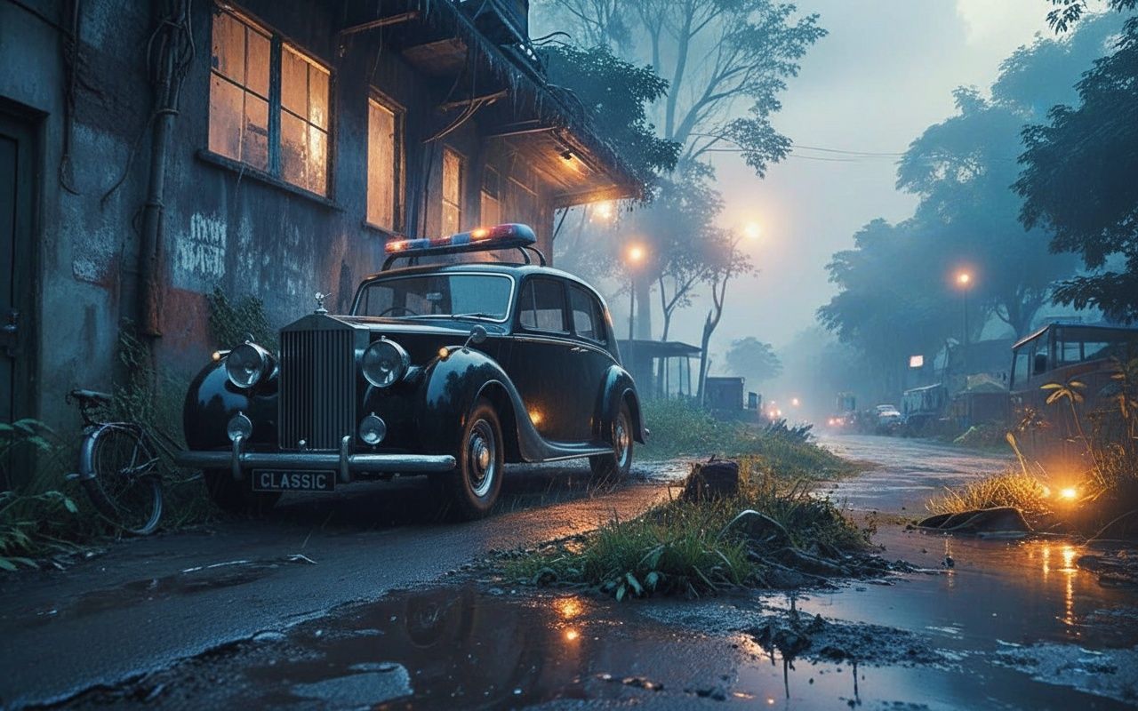 A dark blue classic car, possibly a Rolls Royce, is parked on a wet, unpaved road with puddles reflecting the dim lights. The car has a red ...