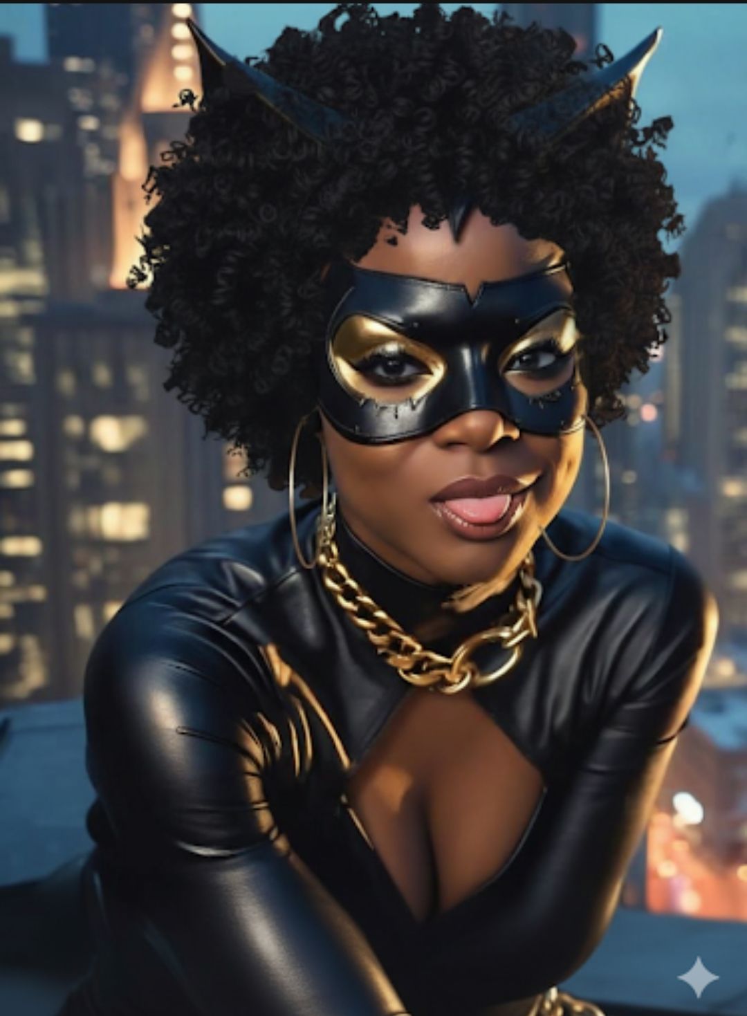 Create an image that shows a black person dressed as Catwoman, 
​The character is wearing a shiny black leather outfit, including a mask and...