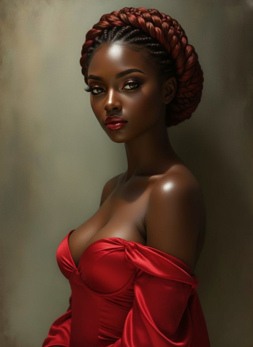 A stunning dark-skinned African American woman with a tightly braided red and brown updo. She is wearing a vibrant red off-the-shoulder top ...
