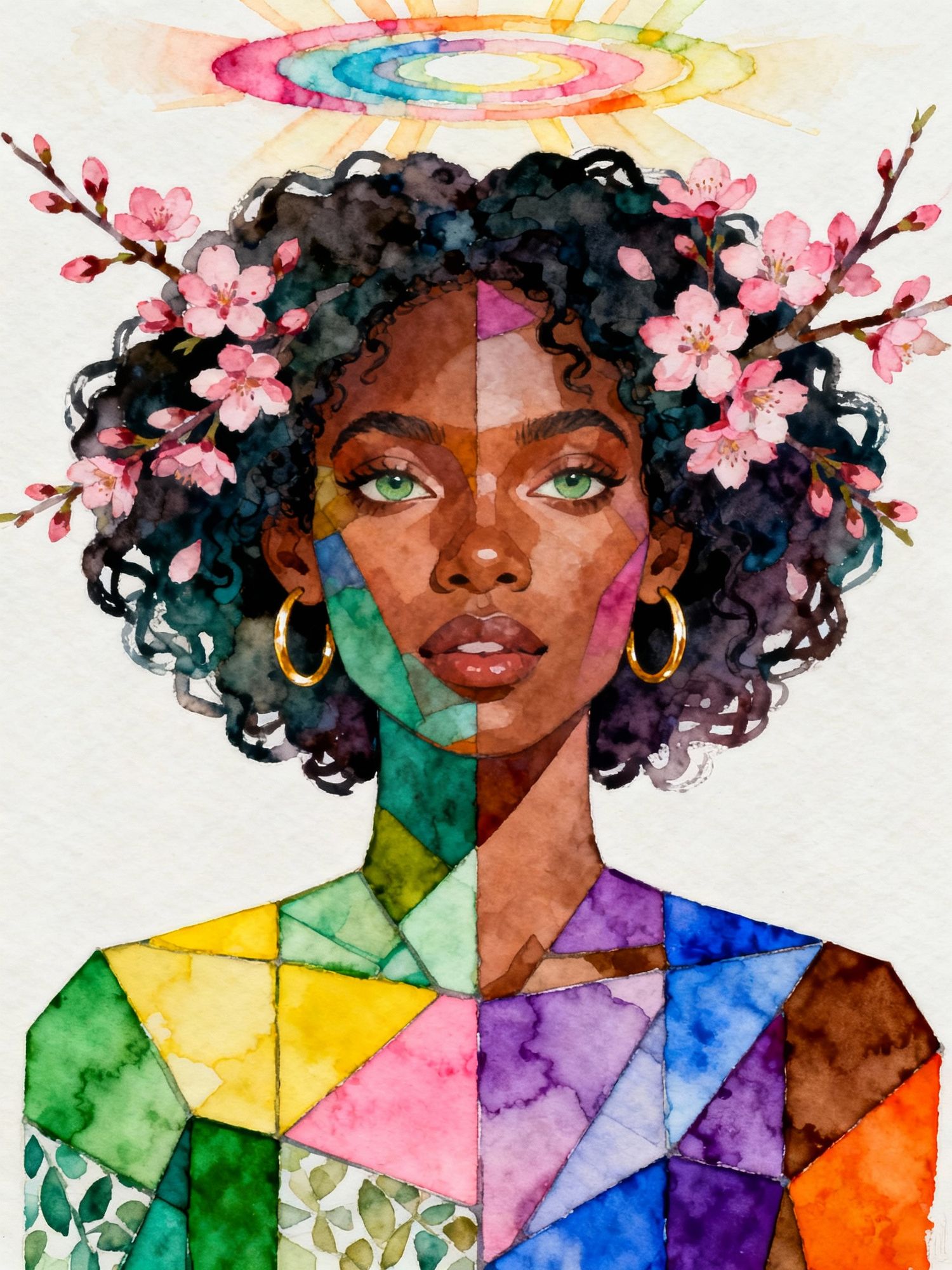 This image is a vibrant and abstract watercolor-style portrait of a woman, rich with symbolic elements and a kaleidoscope of colors.
​Here's...