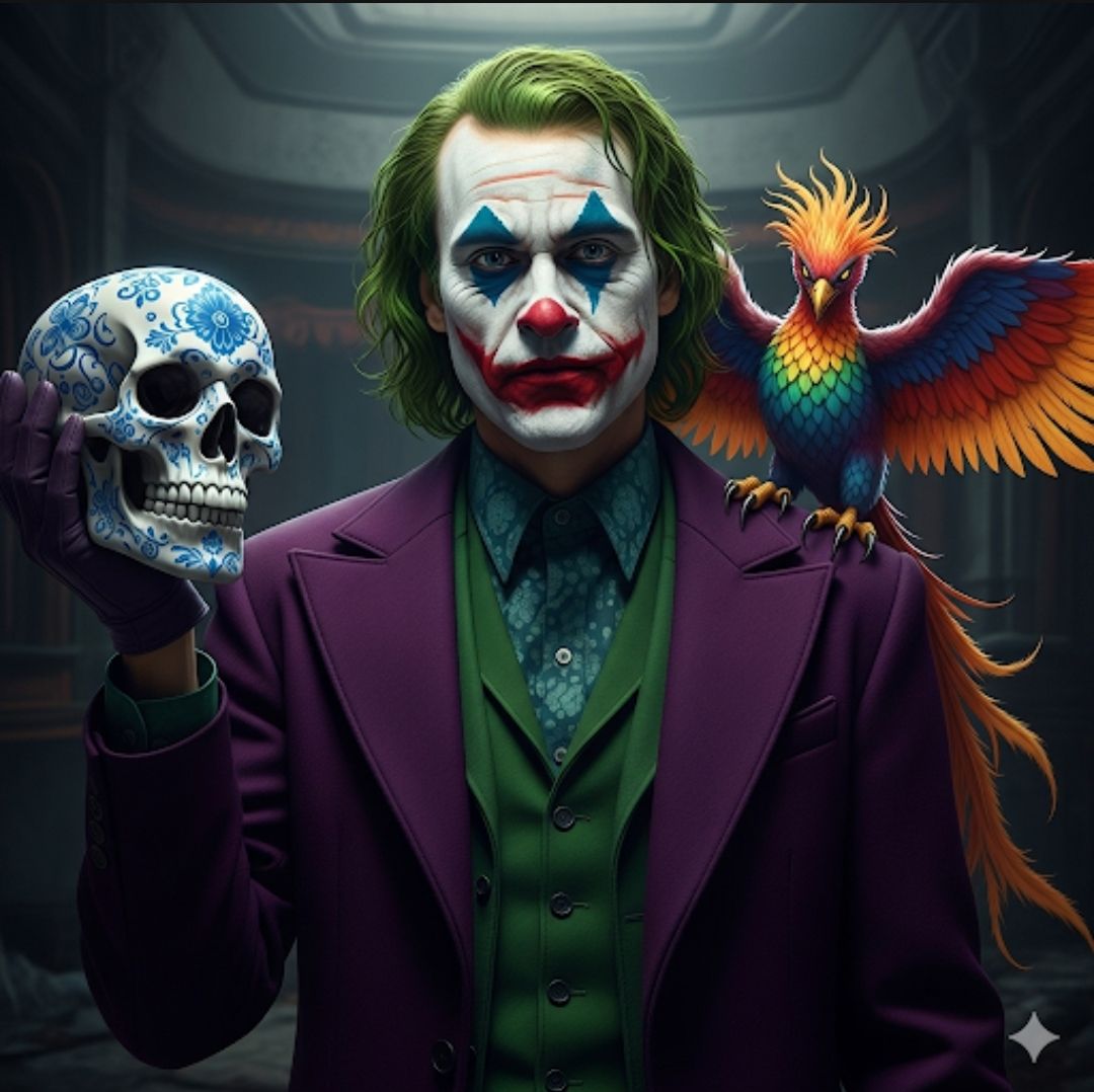 Create an image, HD, 1:1 format, 8K,  image that shows the Joker with green hair and his classic makeup, wearing a purple suit, a green shir...