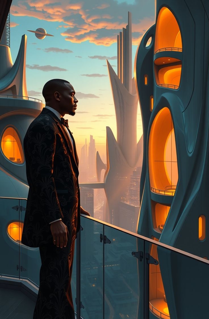 A distinguished Black man in an ornate, art deco-inspired suit, standing on a balcony overlooking a futuristic city at twilight. The archite...