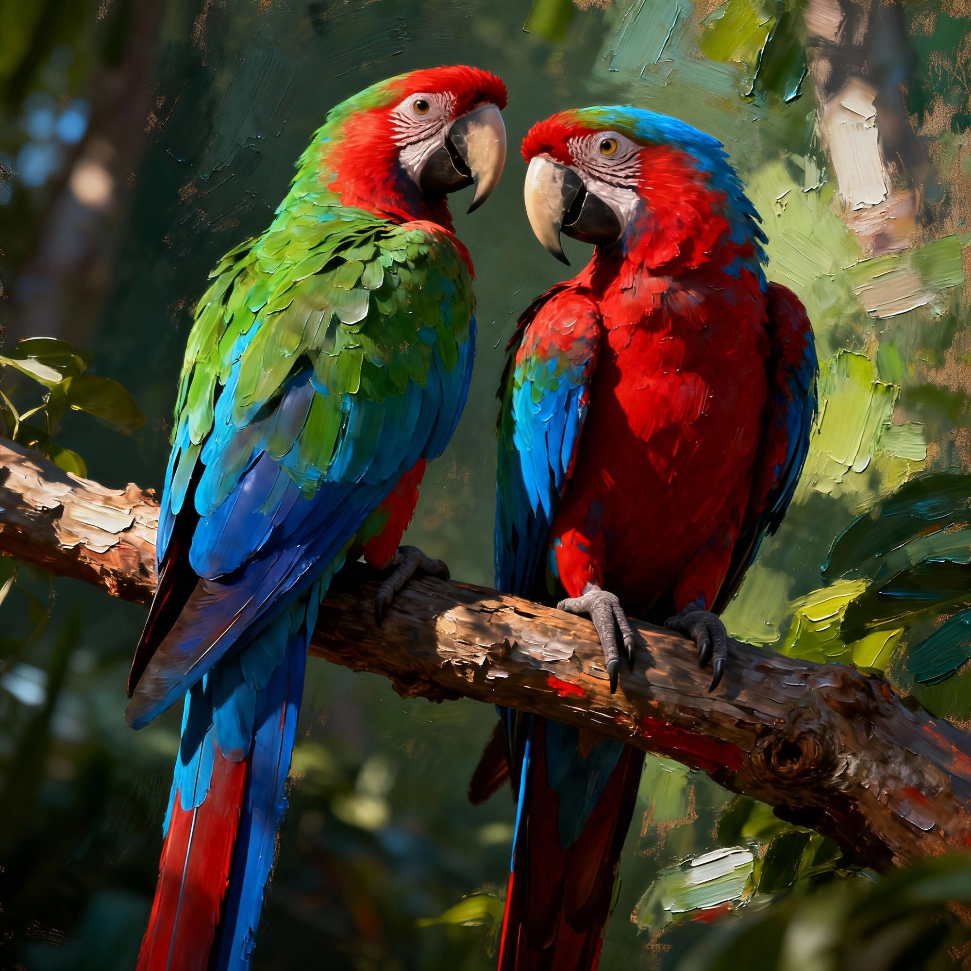 Two parrots perched on a vine above a glowing jungle masquerade. Lanterns float like fireflies, and masked dancers swirl below.
- Style: Pai...