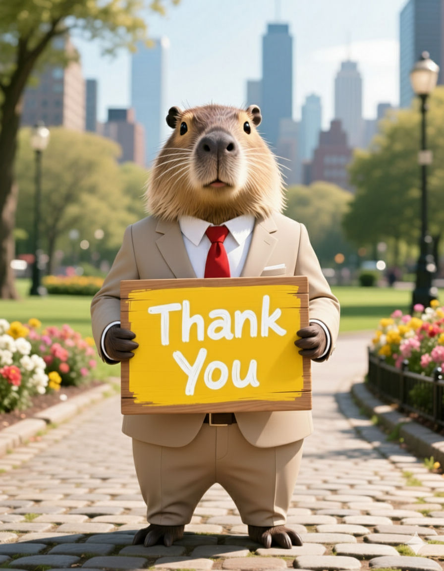 A cute capybara, dressed in a sharp beige suit with a white shirt and a red tie, stands on a cobblestone path in a park. It holds a bright y...