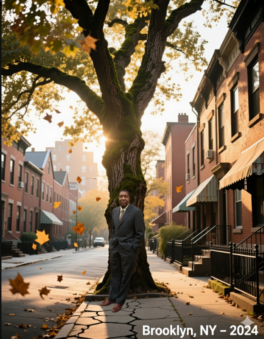 An autumnal street scene in Brooklyn, NY, in 2024. A man in a light-colored suit stands casually leaning against a large, mossy tree with go...