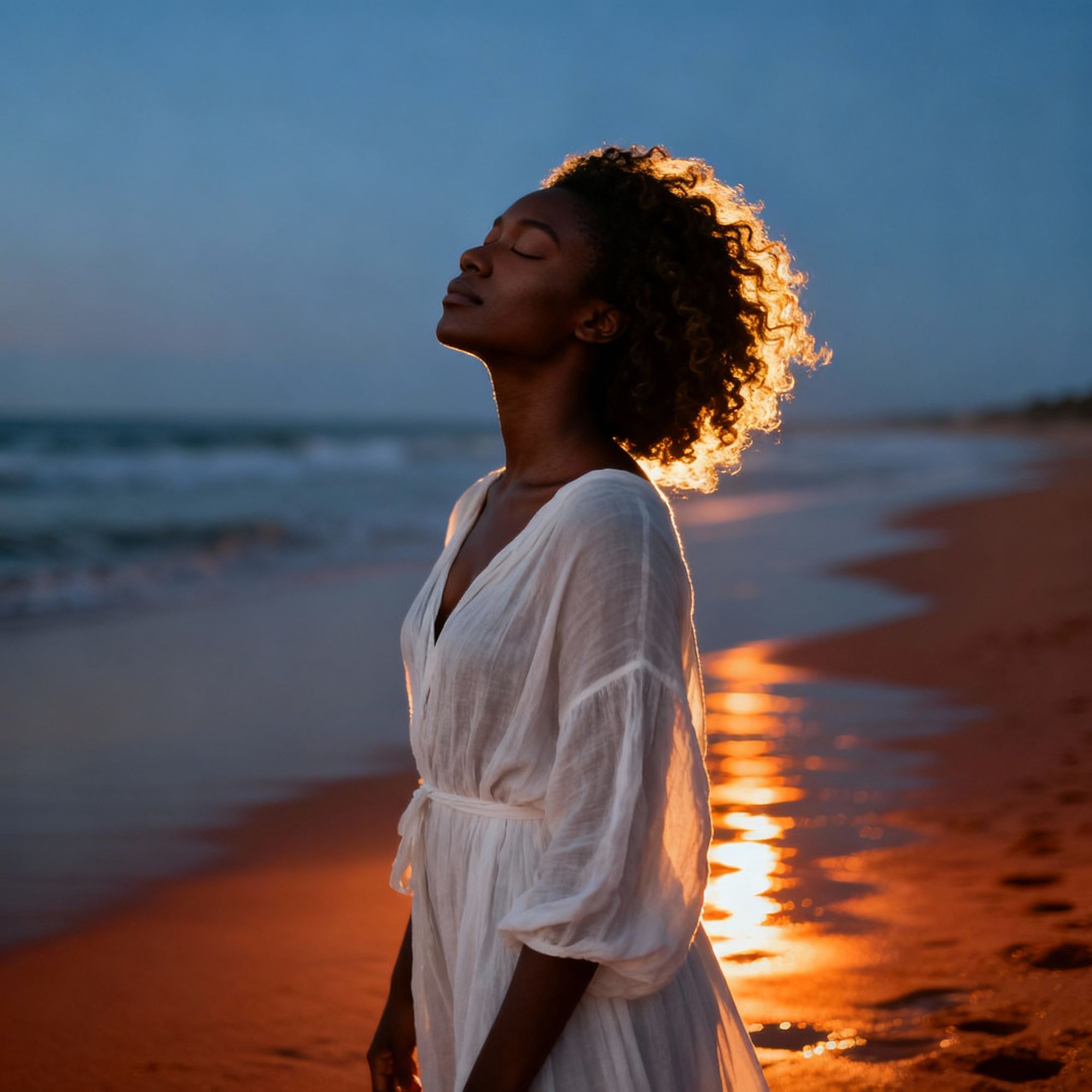 Fine-art portrait of a graceful Black woman on a tranquil beach at dusk, captured through a high-end portrait lens. The golden light accentu...
