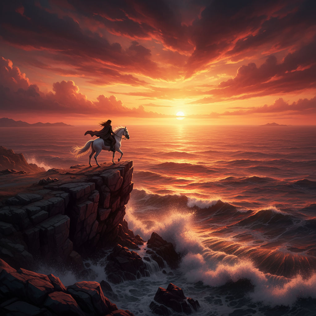 Create an image shows a person on a white horse, standing on a cliff overlooking the ocean at sunset. The sky is filled with dramatic red, o...