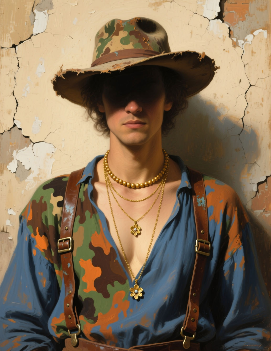 Portrait of a person from the chest up, face obscured, standing against a weathered, textured beige wall.Wide‑brimmed, slightly worn hat wit...