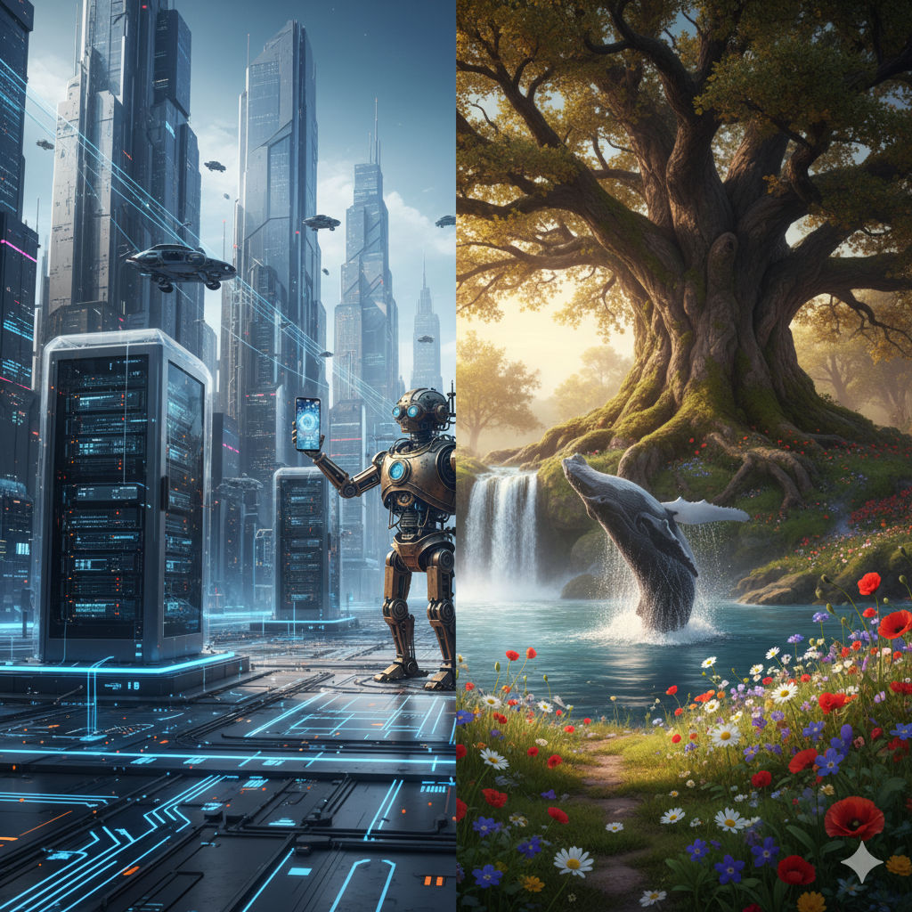 A split image, depicting two contrasting worlds side-by-side. On the left, a futuristic cityscape dominated by towering, sleek skyscrapers. ...