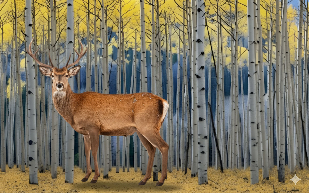 A majestic deer with prominent antlers stands alert in the lower left foreground of a dense aspen forest. The trees have distinctive white b...