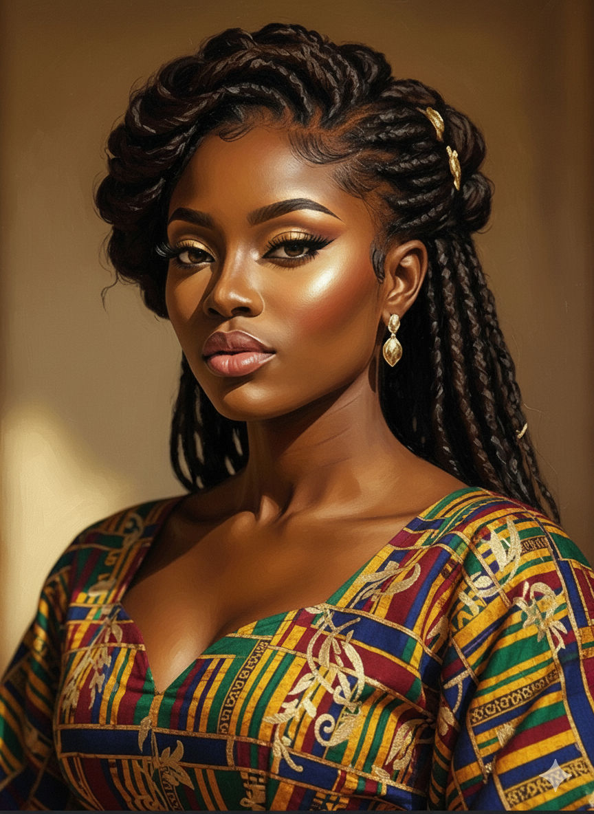 A striking portrait of a beautiful Black woman with flawless dark skin, looking directly at the viewer with a confident and serene expressio...