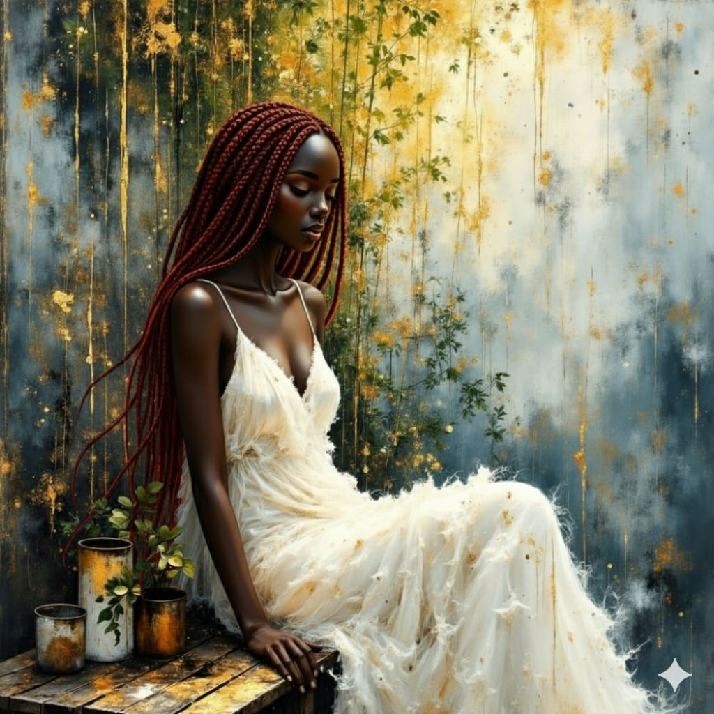 "A graceful, dark-skinned woman with her hair pulled back in a sleek bun, adorned with delicate teardrop earrings, sits contemplatively on a...