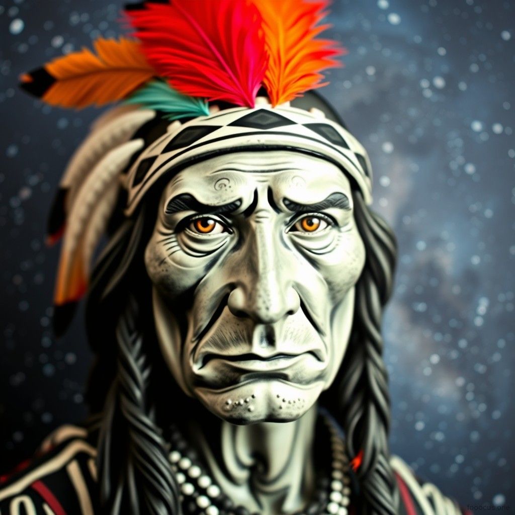 Create a figure of an Native American man against the Milky Way background, with three brightly colored feathers. His eyes are a prominent, ...