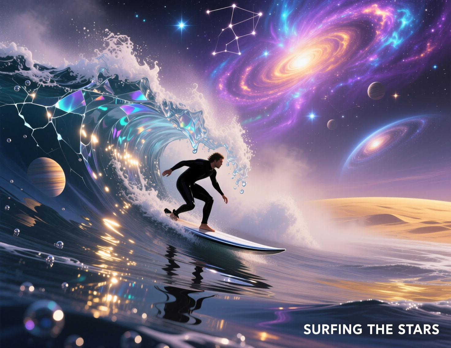 A lone black surfer catches a colossal wave under a sky filled with swirling nebulae and alien constellations. The surfer's board is a sleek...