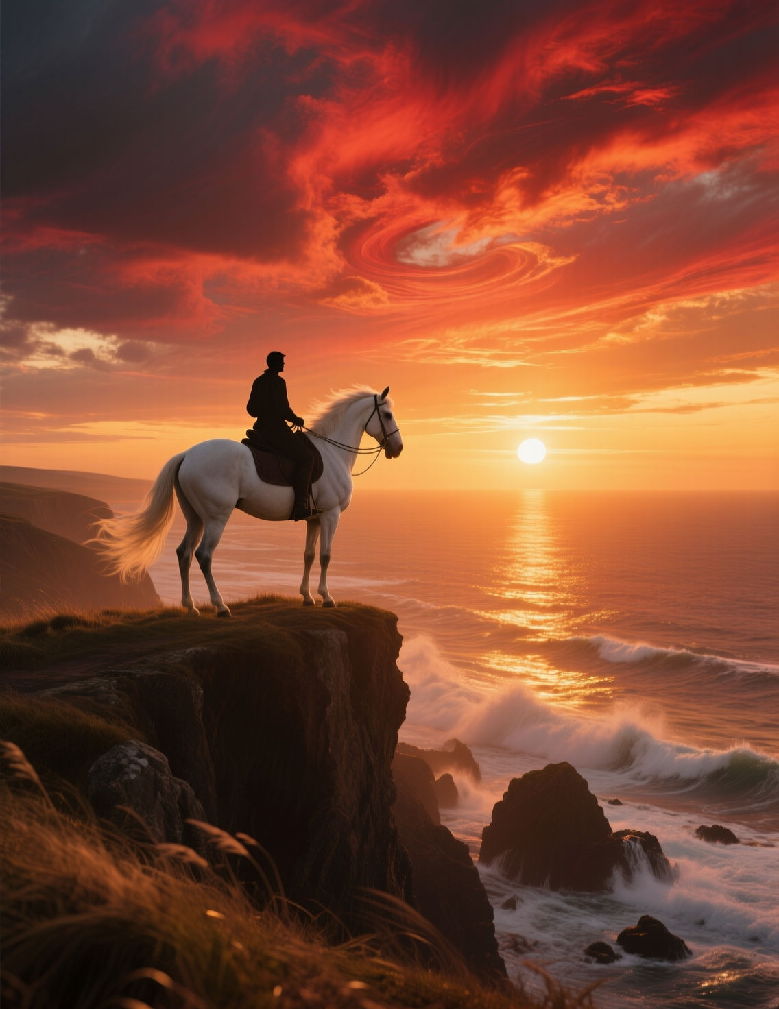Create an image shows a person on a white horse, standing on a cliff overlooking the ocean at sunset. The sky is filled with dramatic red, o...