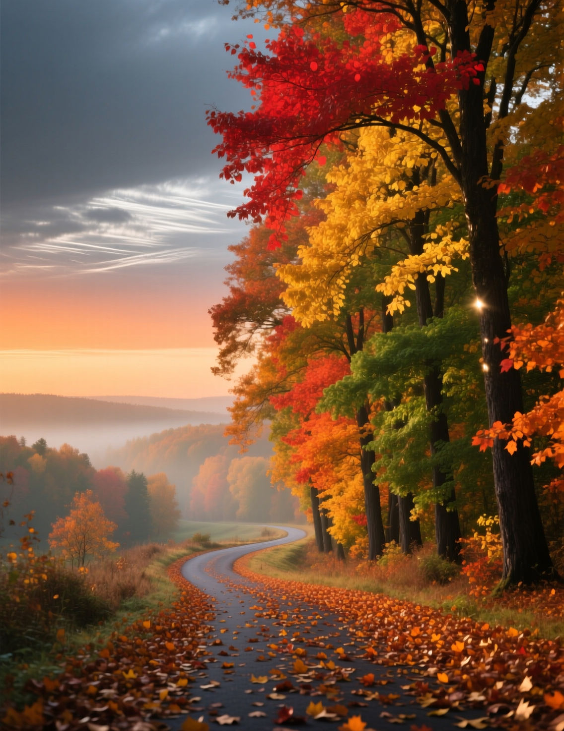 Create image:: HD, 8K, fall color palette, cinematic, photo realistic, 3:4 format tall image, below a greyish blue to orange gradient sky wi...