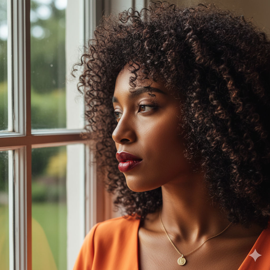 A 9:16 tall portrait image, capturing a striking cinematic, photo-realistic close-up of a woman with rich, dark skin and a contemplative exp...