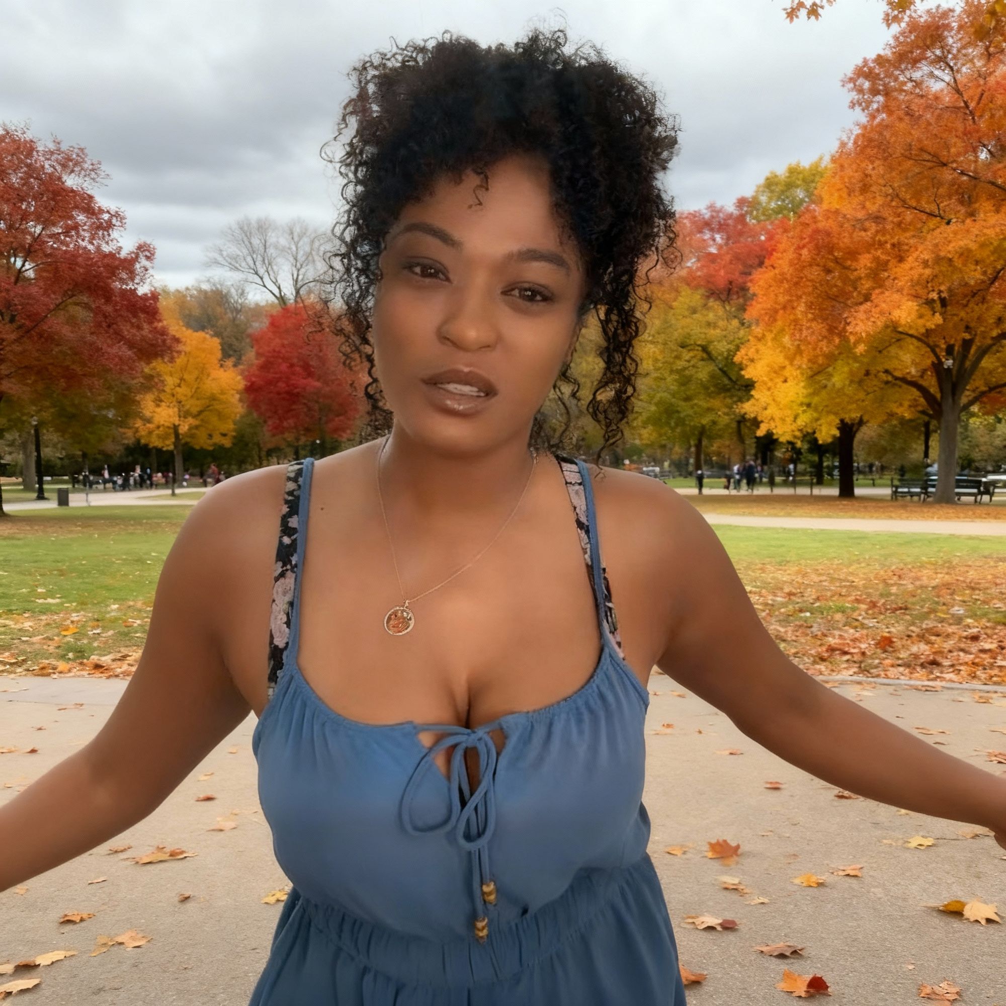 A woman with curly hair stands outdoors in a park during autumn, surrounded by vivid orange, red, and yellow trees under a sunny blue with f...