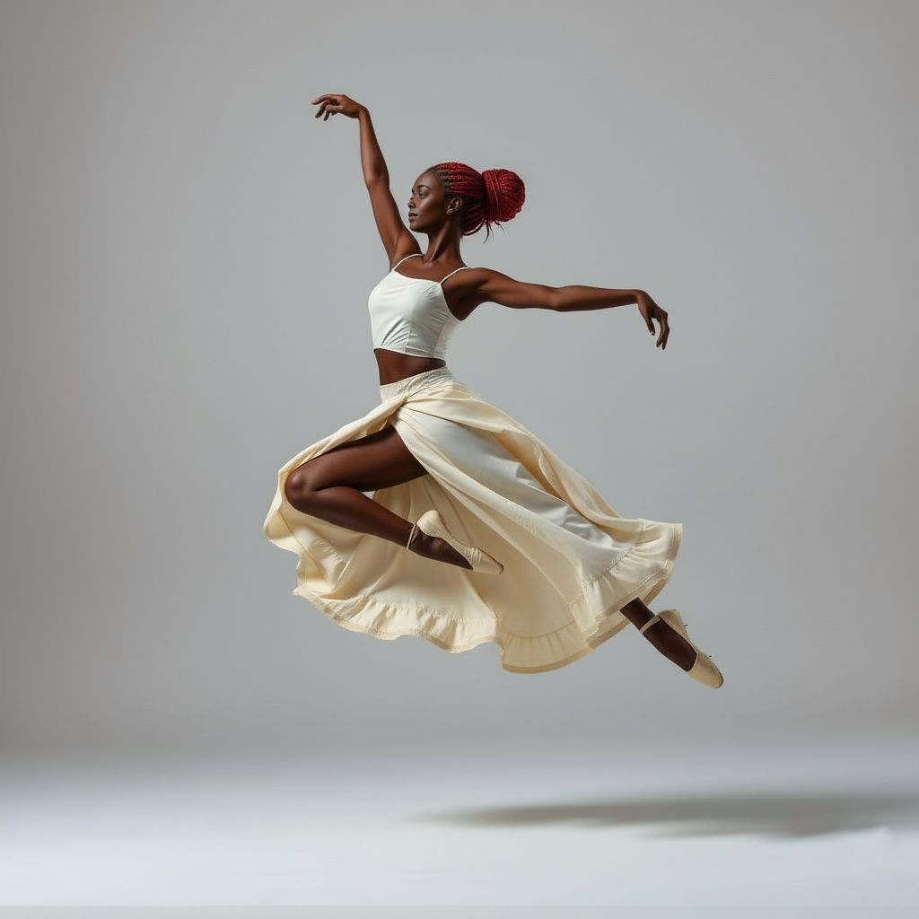 Generate an image of A full-body studio shot of a dark-skinned African American woman with red braided hair in a bun, gracefully leaping in ...
