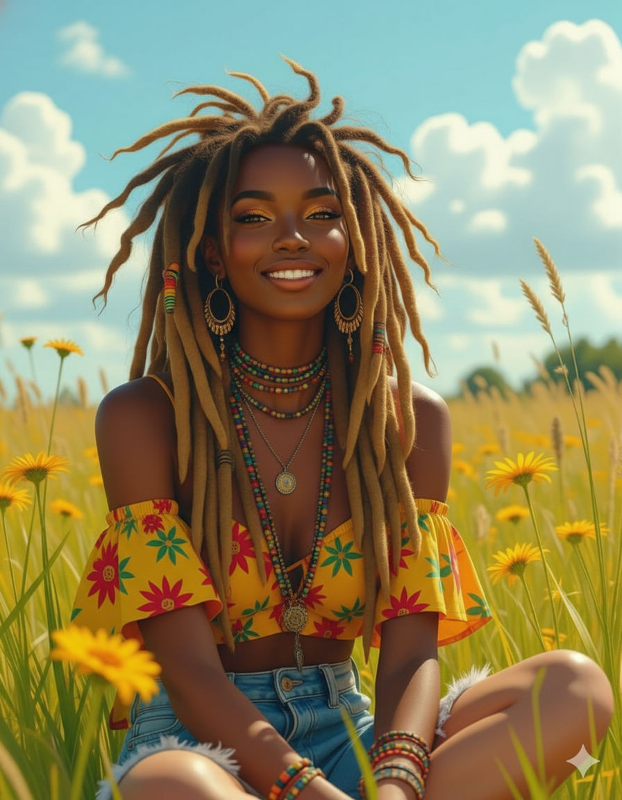 A beautiful, smiling 30-year-old African American woman with stylish dreadlocks sits gracefully amidst a vibrant field of yellow wildflowers...