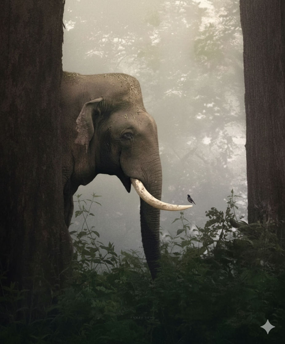 A serene misty jungle scene features a majestic elephant with long, curved tusks, partially hidden behind a large tree trunk on the left. A ...