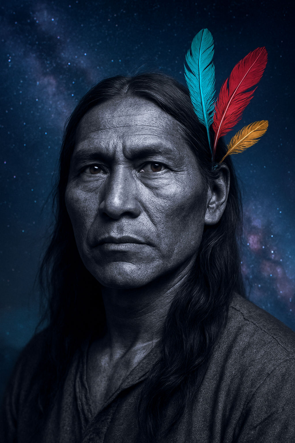 Create a figure of an Native American man against the Milky Way background, with three brightly colored feathers. His eyes are a prominent, ...