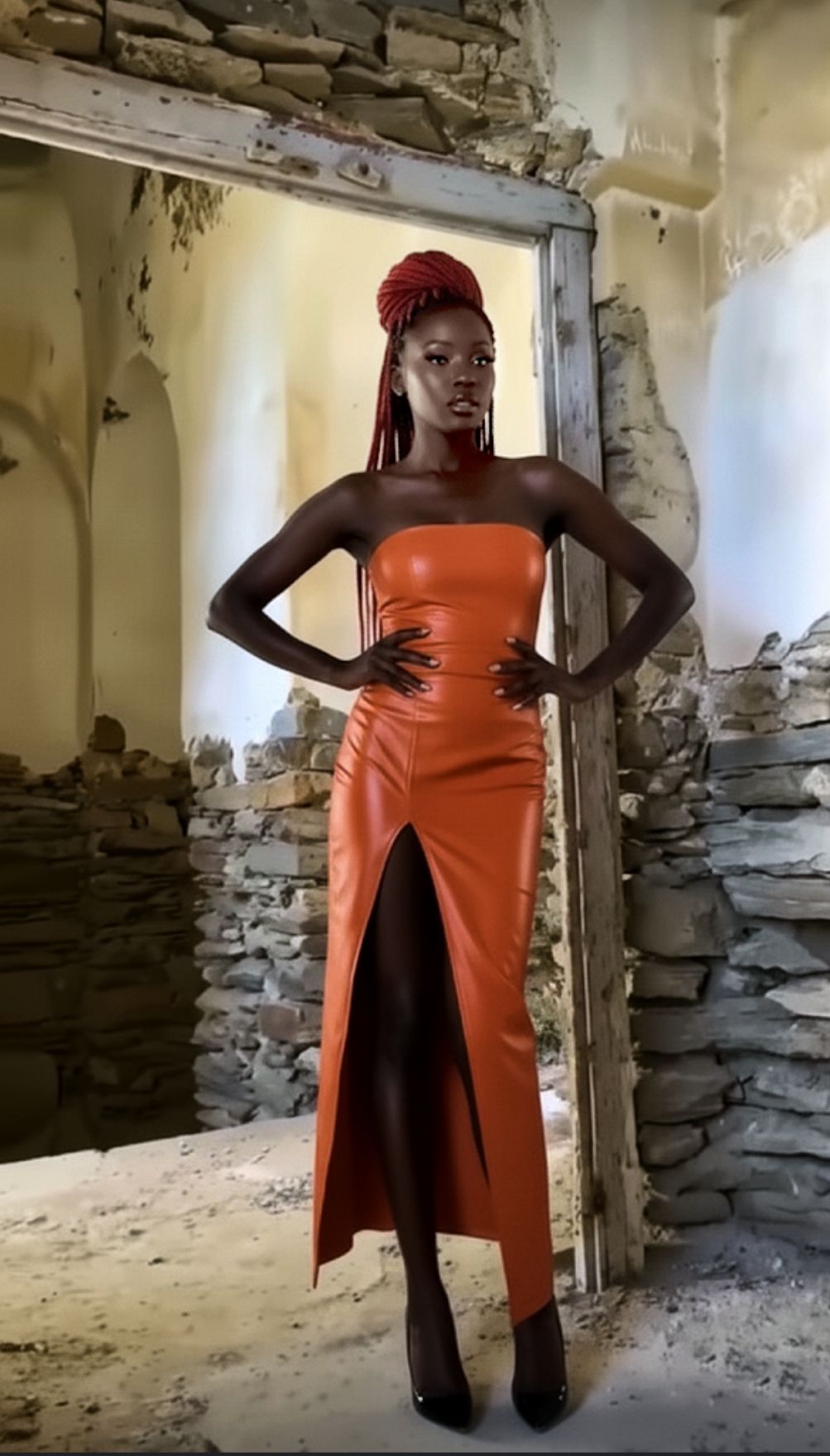 Create a HD, 8K, cinematic, photo realistic, 9:16 tall portrait of A full body portrait of a dark-skinned African American woman with an upd...