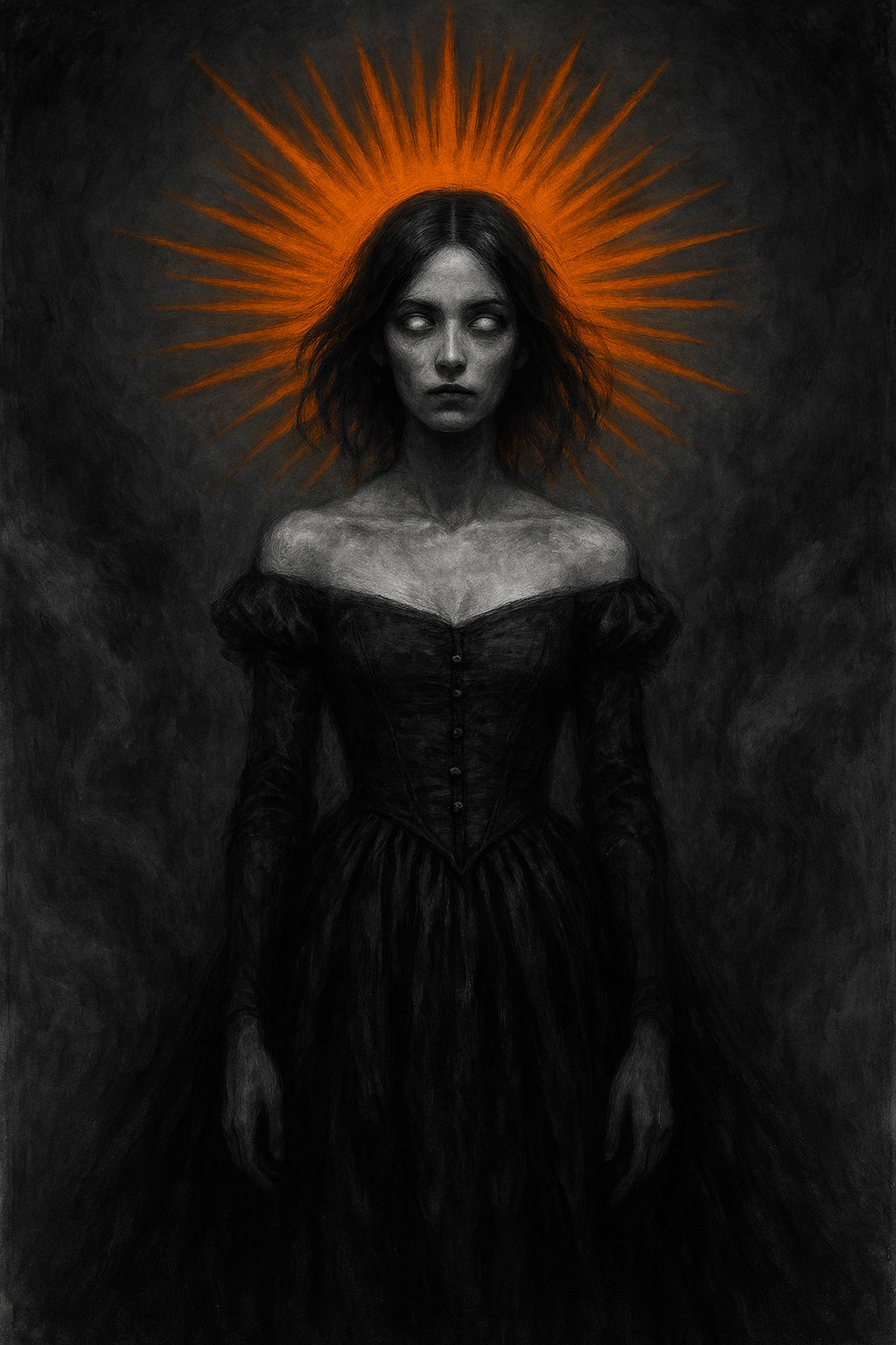 Spooky grayscale portrait orange black woman gown ethereal halo burst