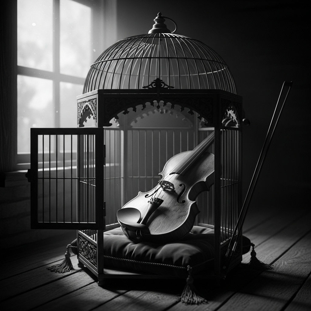 A lone, weathered violin rests on a velvet cushion inside an antique, intricately carved wooden birdcage, bathed in the soft, ethereal glow ...