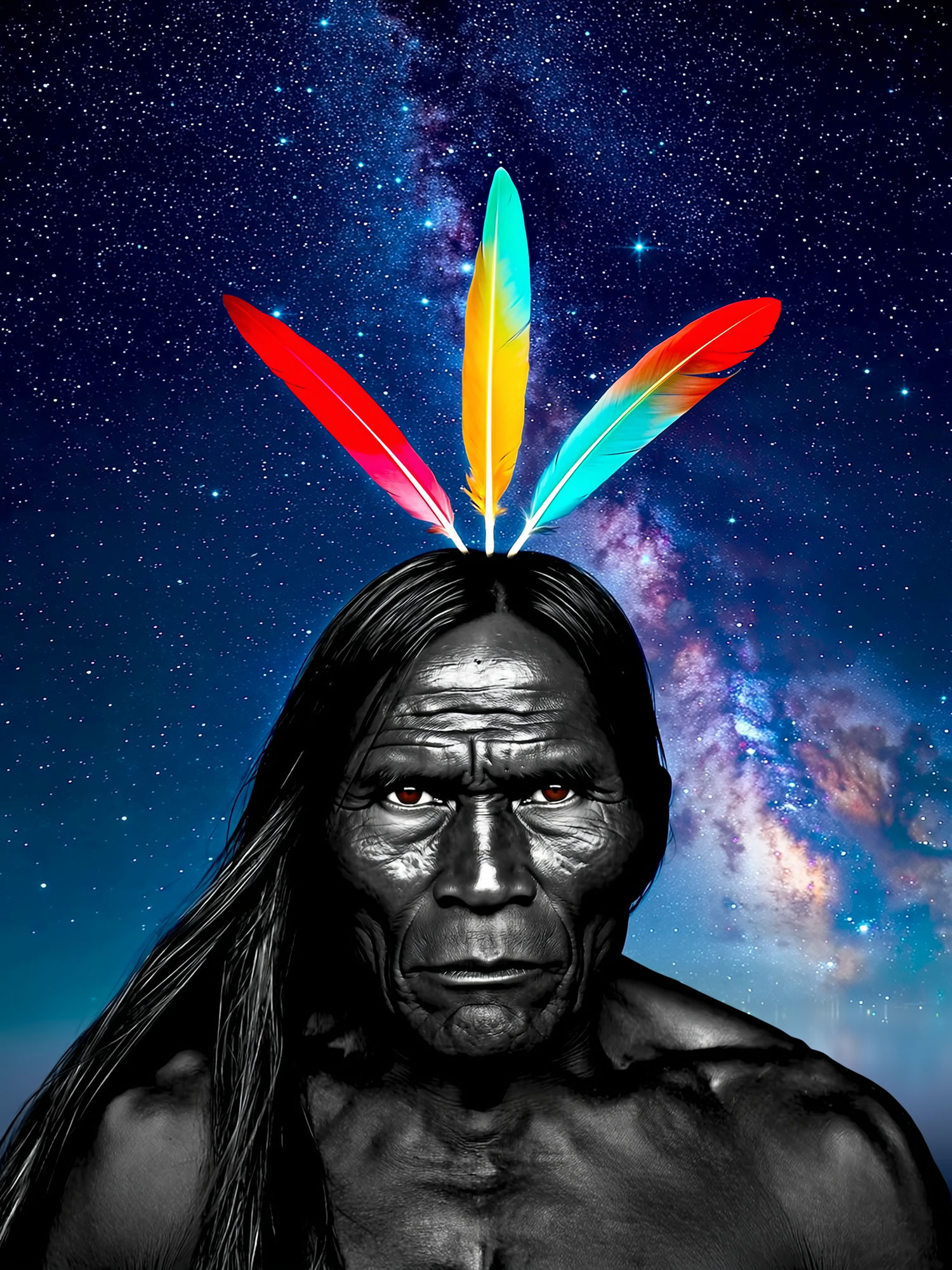 Create a figure of an Native American man against the Milky Way background, with three brightly colored feathers. His eyes are a prominent, ...
