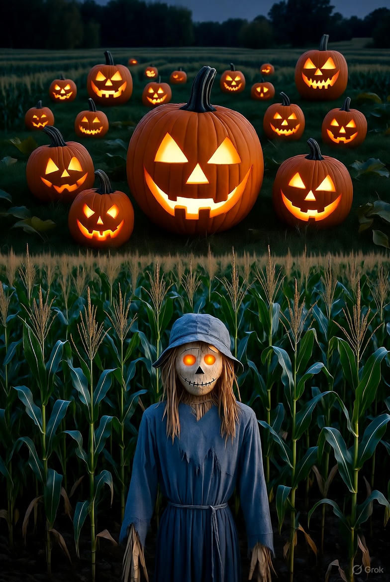 A spooky night scene in a cornfield. In the foreground, a scarecrow with glowing orange eyes and a stitched burlap face stands among corn st...