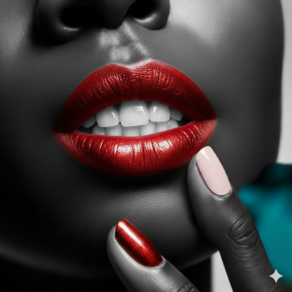 A striking black and white close-up portrait of a woman's face, focusing on her mouth and lower nose. Her full lips are painted with a vibra...