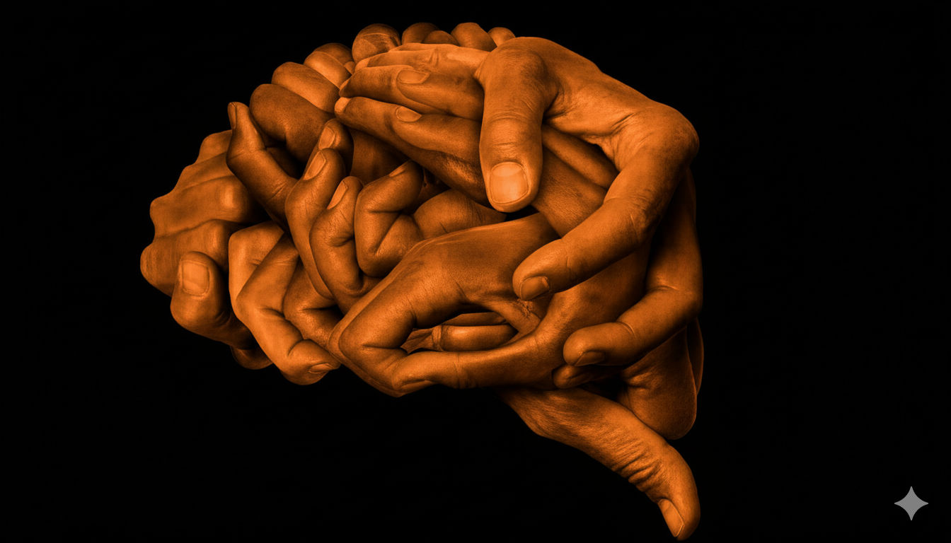 Create a photo realistic image that features a brain-like shape composed of interlocking hands, rendered in a striking, vivid orange against...