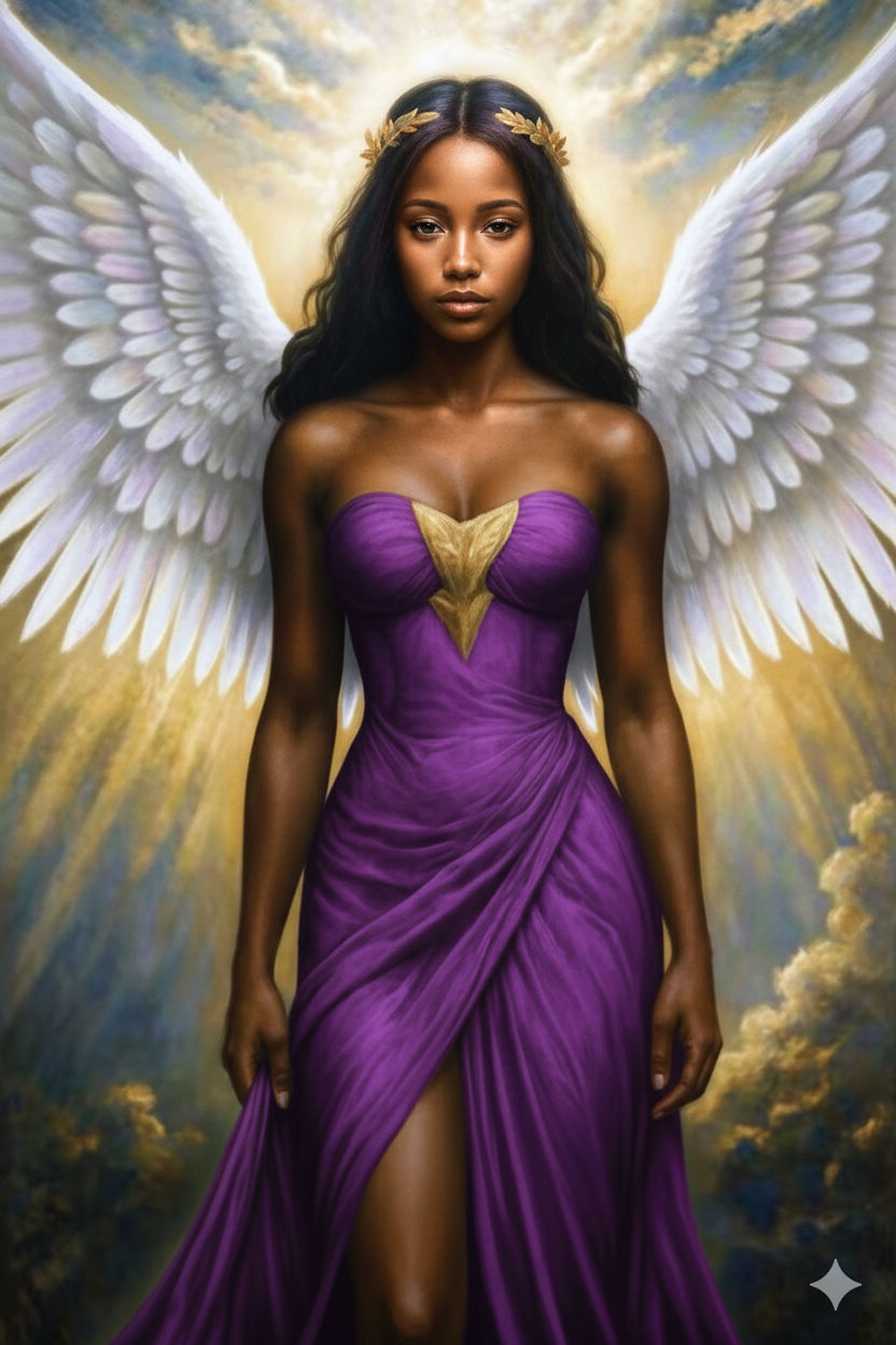 A cinematic and ultra photo-realistic image of a divine dark-skinned angel woman with large, pristine white wings, standing confidently. She...