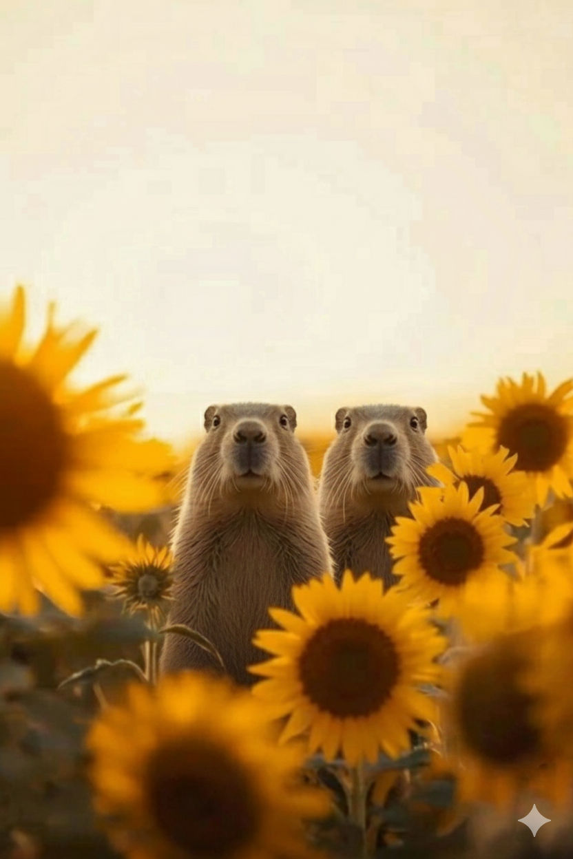 A photo-realistic, 4K image in a 3:4 aspect ratio of two capybaras standing in a field of sunflowers under a bright sky. The animals are in ...