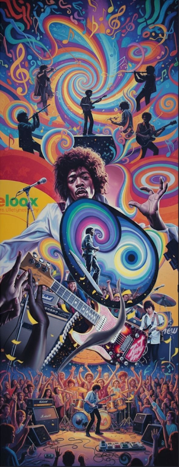A vibrant, psychedelic collage celebrating a rock legend resembling Jimi Hendrix. The vertical composition flows from a swirling, colorful m...