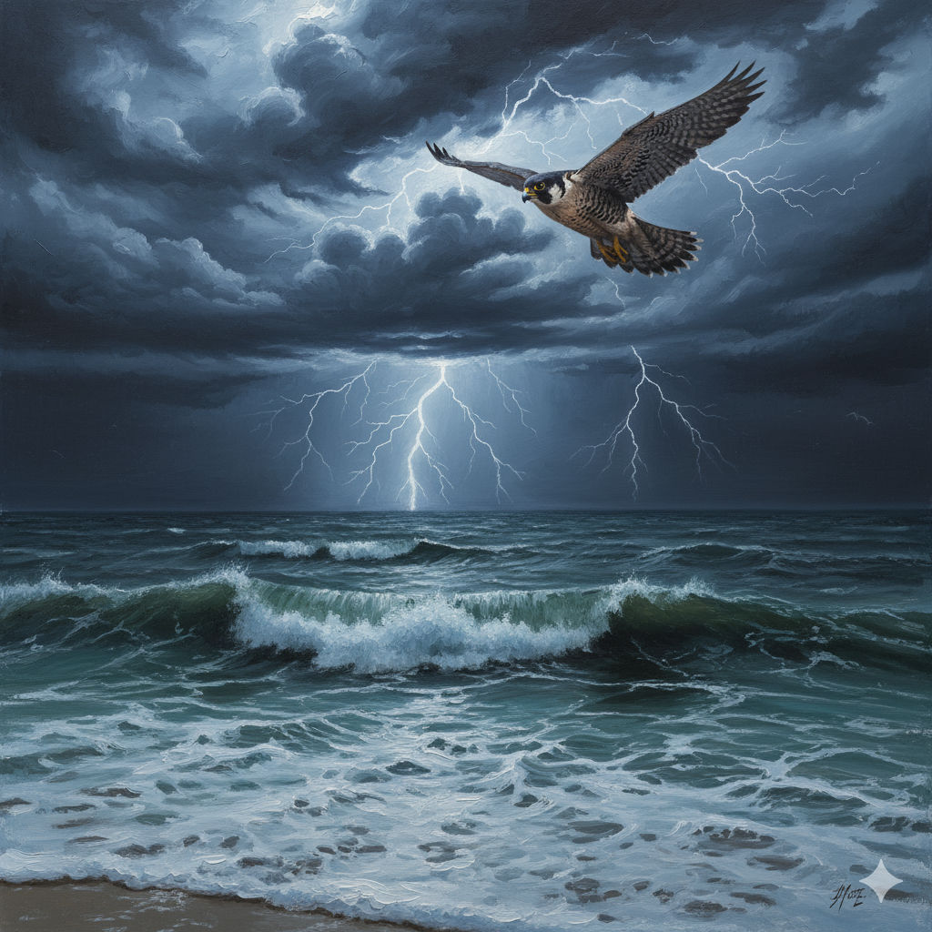 Create This image of a highly detailed, hyperrealistic oil painting of a peregrine falcon in flight. The falcon is the central focus, depict...