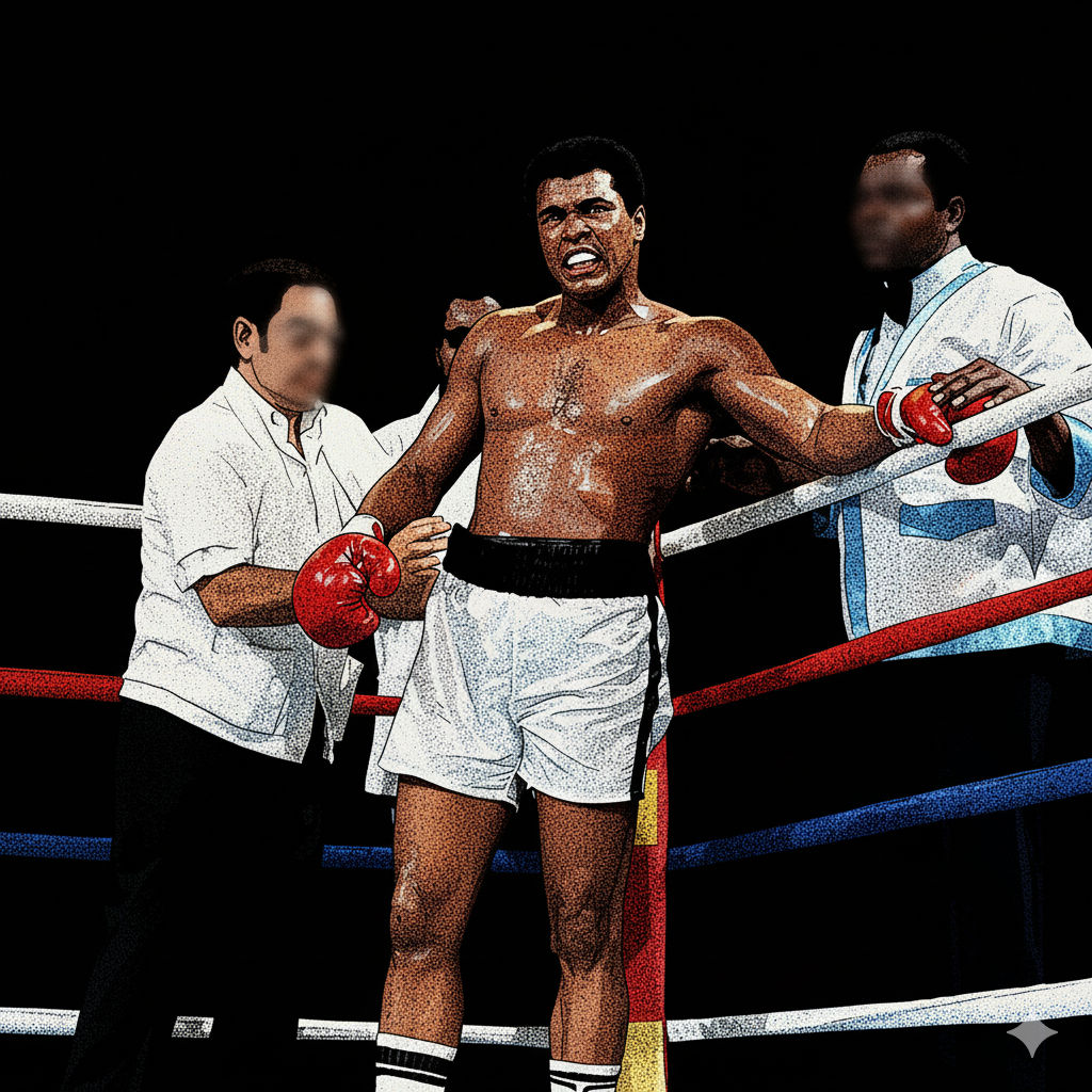 The image depicts a legendary boxer in a boxing ring, rendered in the distinctive style of comic artist Steve Ditko. Ali stands shirtless, w...