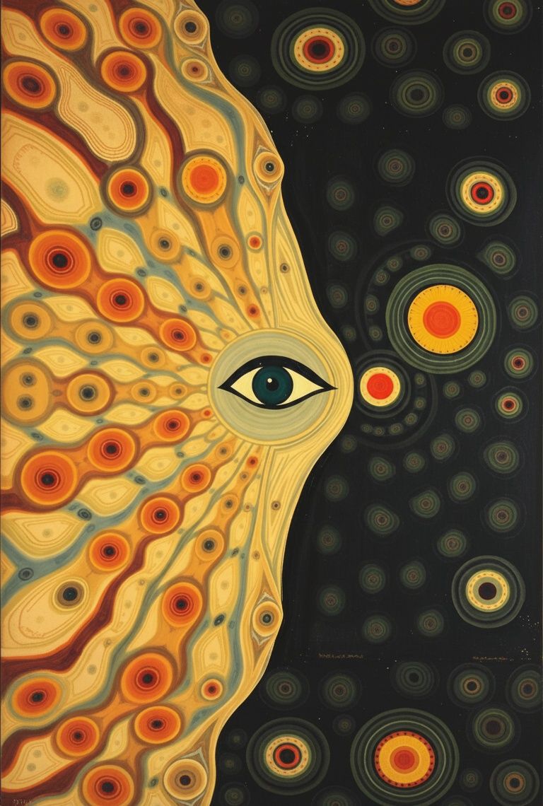 A surreal, abstract painting featuring a dominant central eye in the middle. The composition is divided vertically, with the left side being...