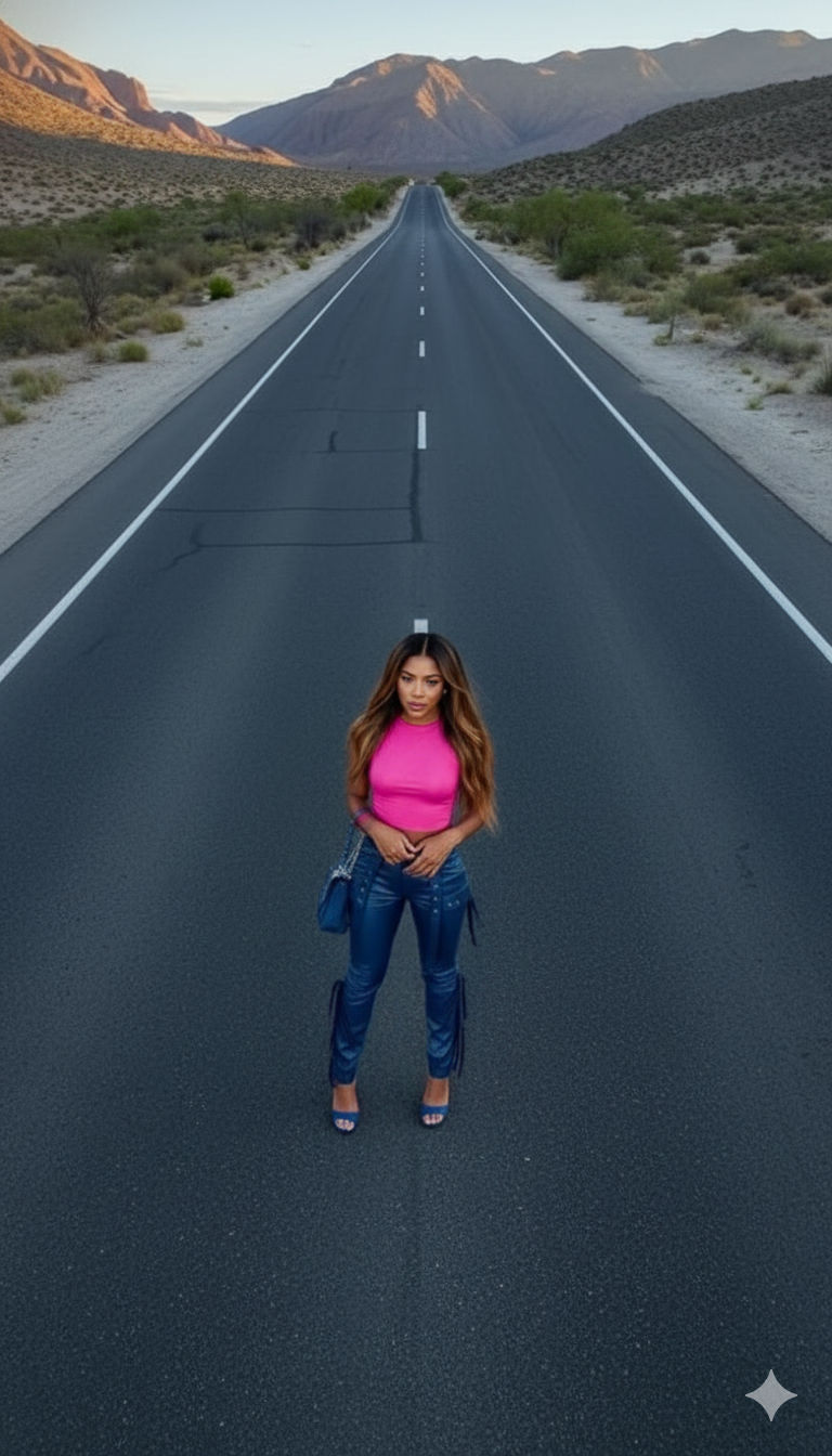 A striking drone shot from directly above captures a stylish young woman standing in the middle of a long, empty highway that stretches into...