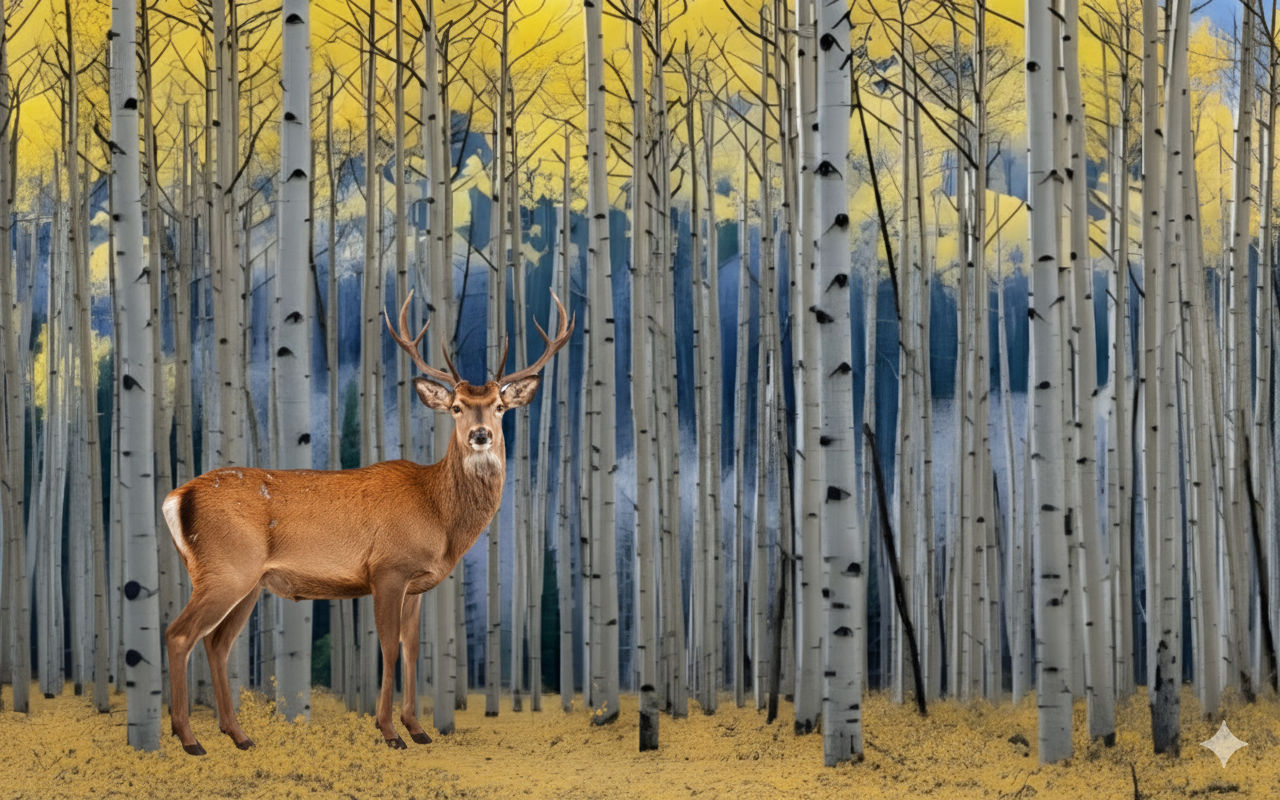 A majestic deer with prominent antlers stands alert in the lower left foreground of a dense aspen forest. The trees have distinctive white b...