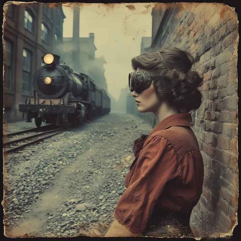 The train approaches the woman, slowly, as it passes her, her head turns to follow it
