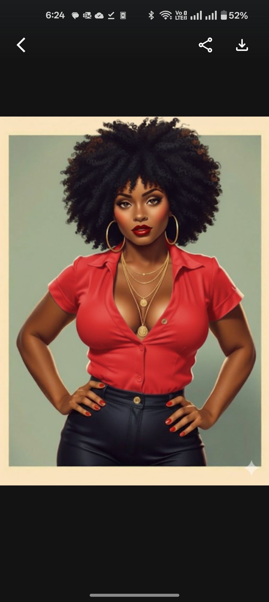 Create an that shows a dark-skinned woman with a retro, pin-up style. She has big, dark, curly hair and is wearing a vibrant red blouse with...