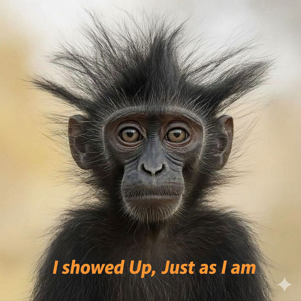 A small monkey with wild, spiky black hair on its head, looking directly at the viewer with wide, round, dark eyes. Its fur is black and som...