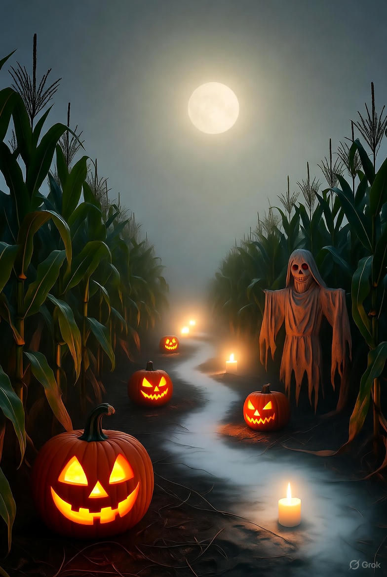 A spooky night scene in a cornfield. In the foreground, a scarecrow with glowing orange eyes and a stitched burlap face stands among corn st...