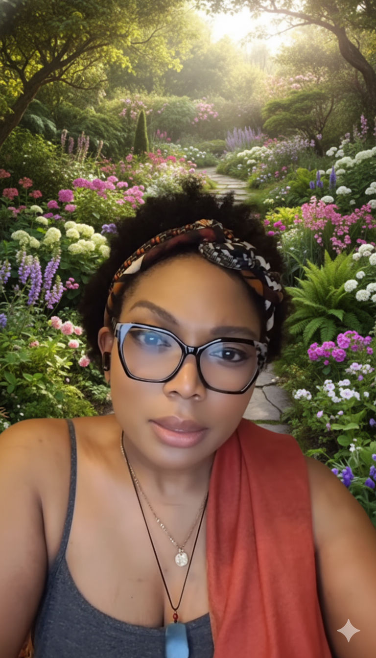 A medium close-up shot of a Black woman with an afro styled with a patterned black, white, and orange headband. She wears large, black, cat-...