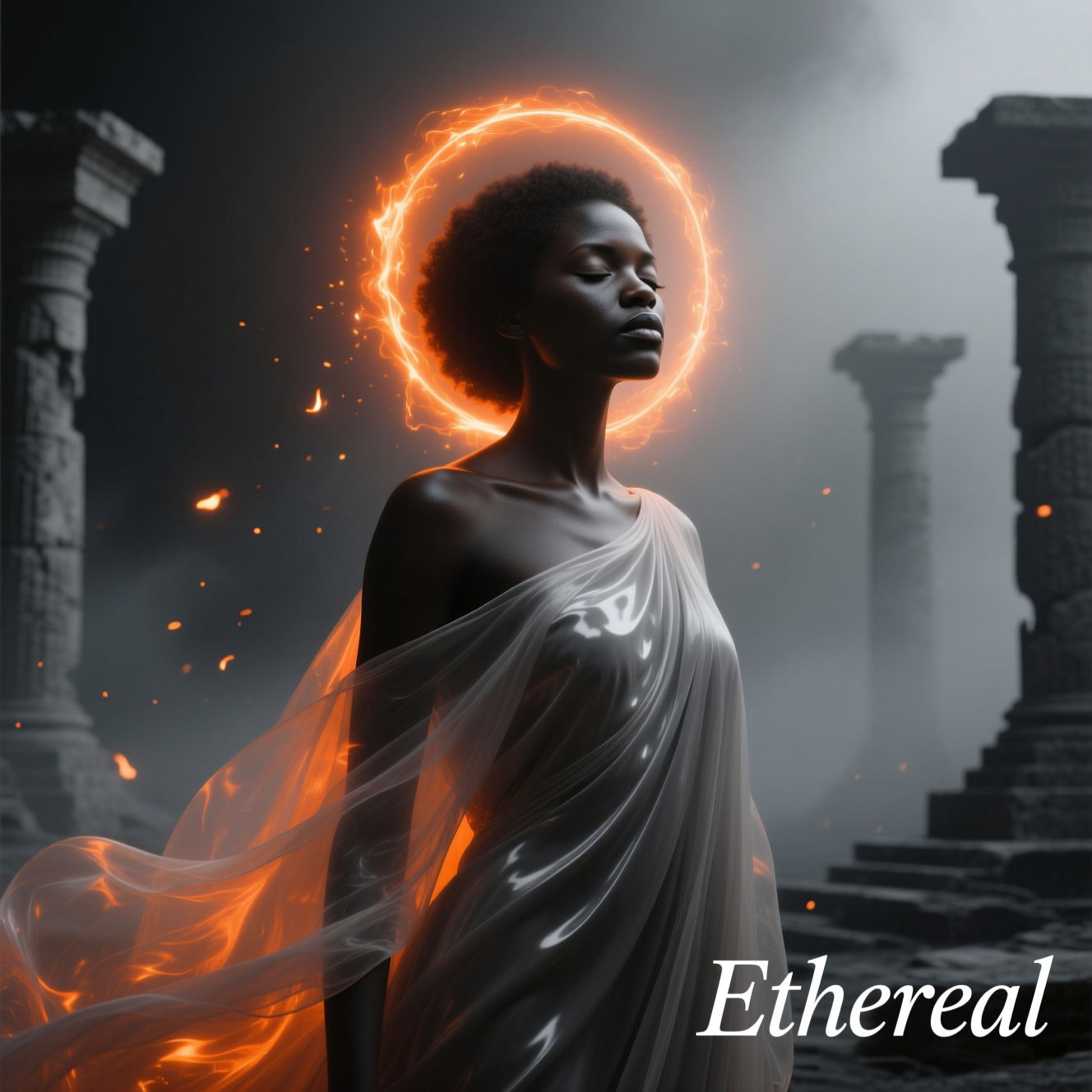 Spooky grayscale portrait orange black woman gown ethereal halo burst