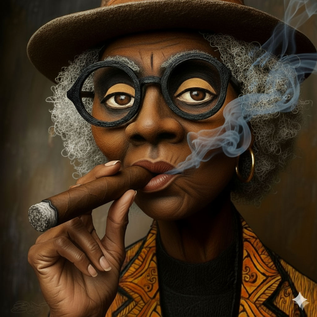 An 8K, HD portrait of a tranquil 65-year-old Black woman in a 3:4 format. A close-up portrait of an older Black woman with grey, curly hair,...