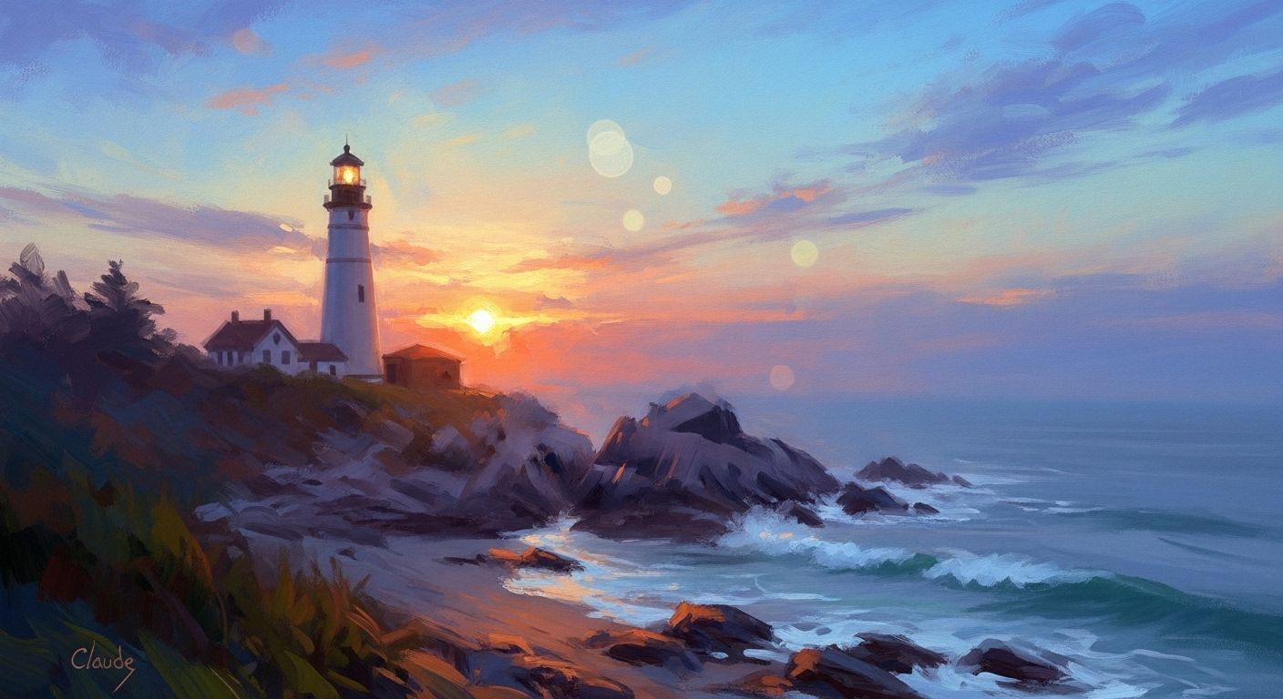 A lone lighthouse stands tall on a rocky coast, its beam cutting through a misty twilight. The scene is rendered in an impressionistic style...
