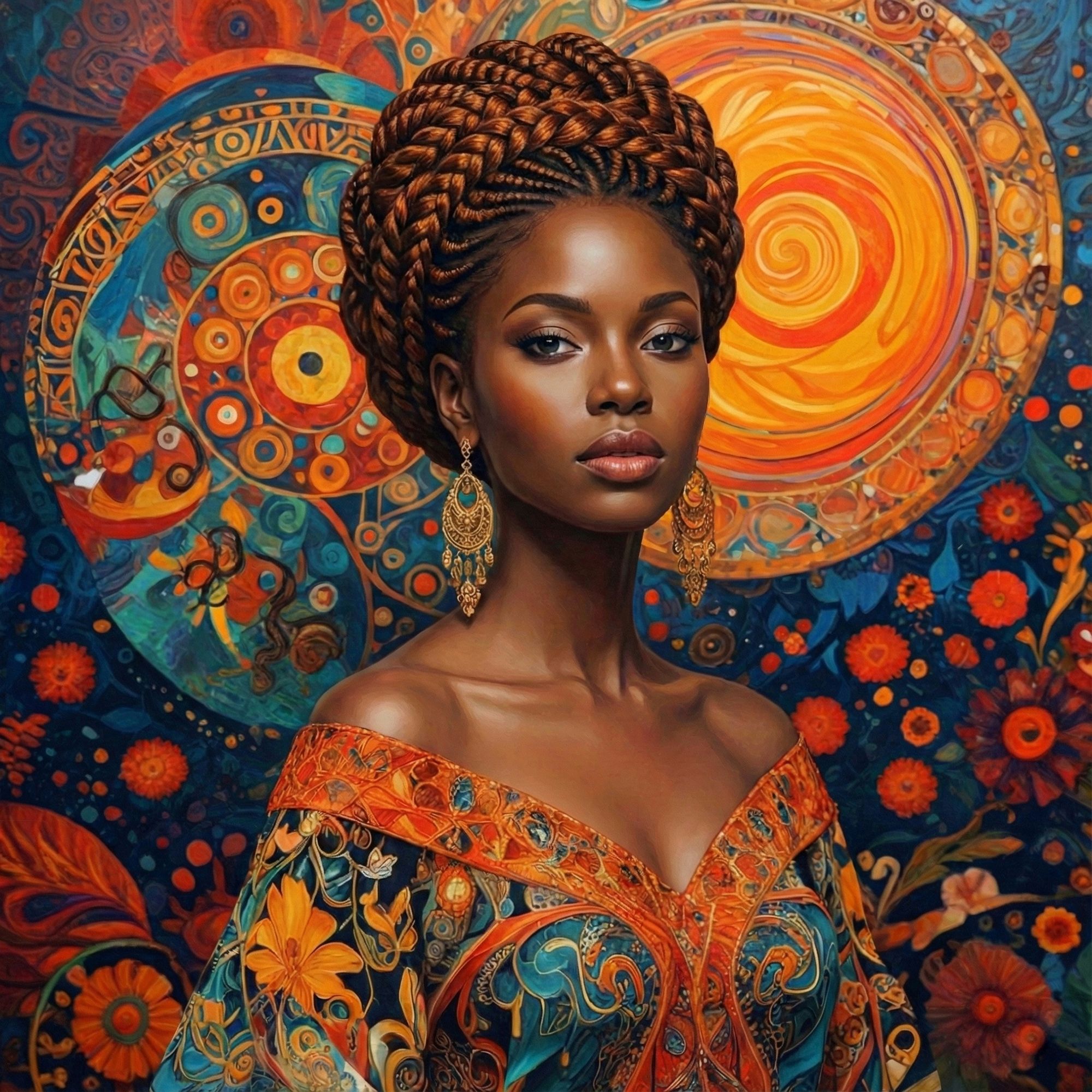 Prompt Description:

A regal, dark-skinned woman stands before an intricate, vibrant background filled with swirling celestial patterns, man...